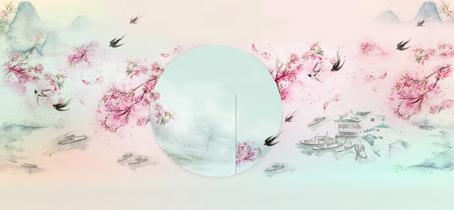 手绘春天桃花开 燕子 小船 山水
