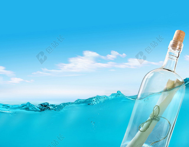 小清新蓝色大海漂流瓶背景