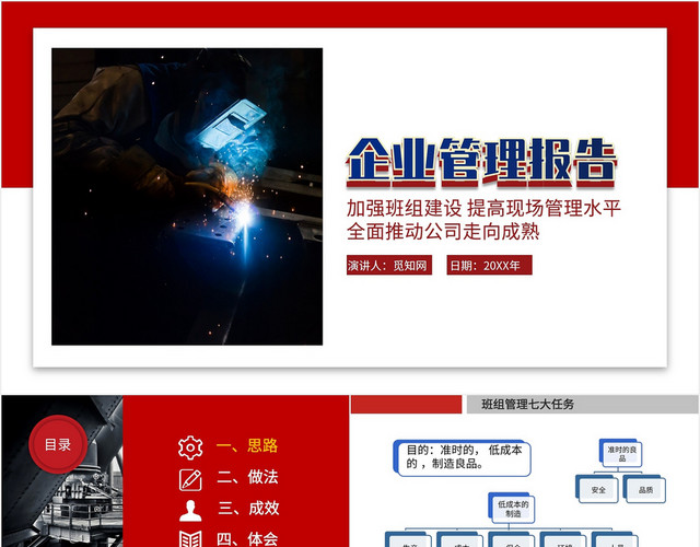 红色商务简约企业管理班组建设总结报告PPT模板