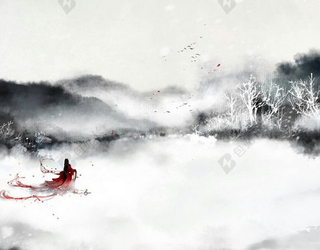 水墨画红衣美女赏雪海报背景素材