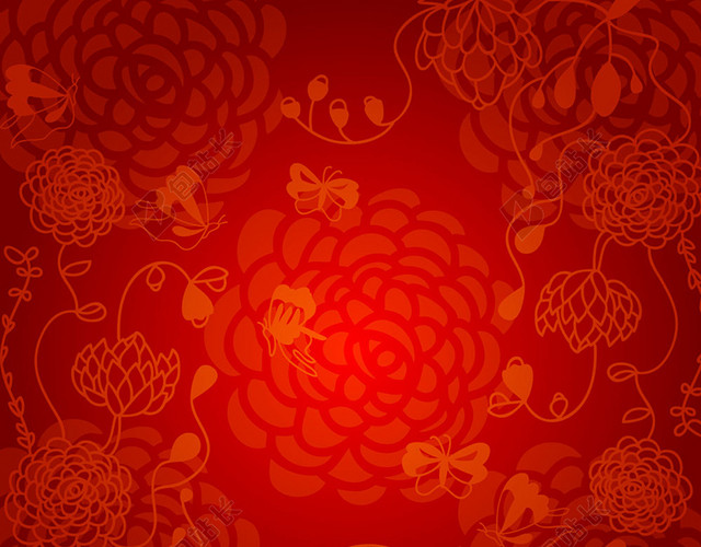 中国风红色渐变典雅牡丹花纹