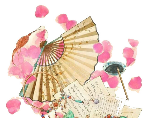 粉红色花瓣与折扇书页