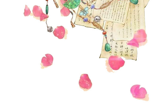 粉红色花瓣与折扇书页