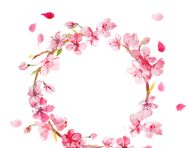 手绘粉色桃花圆形花环