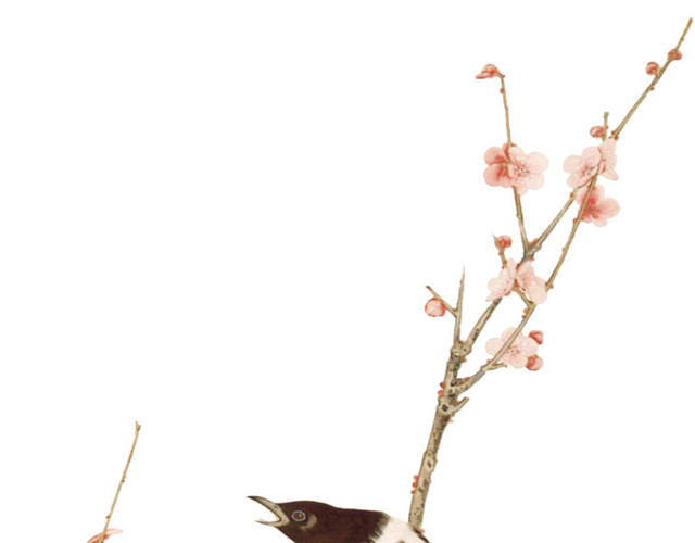 国画桃花与鸟