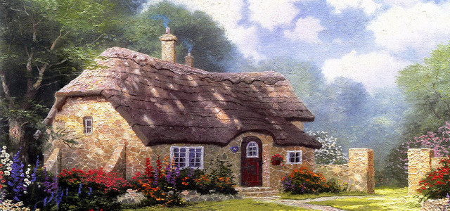 唯美梦幻欧式小屋油画背景
