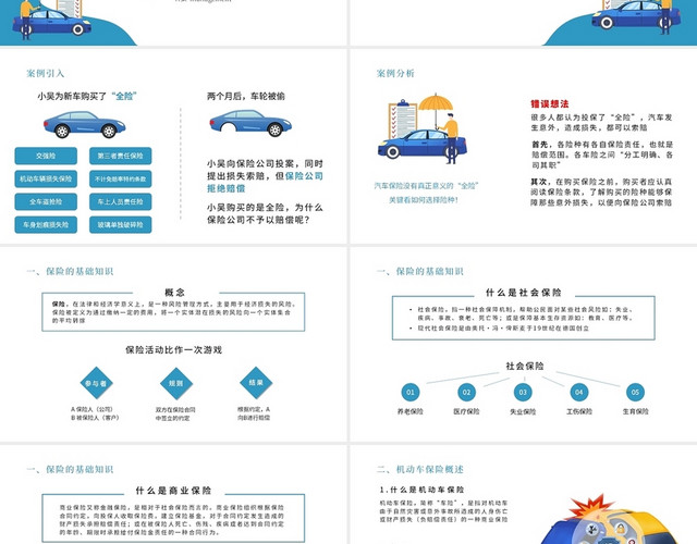 蓝色  简约 扁平风 认识汽车保险 PPT 课件 模板