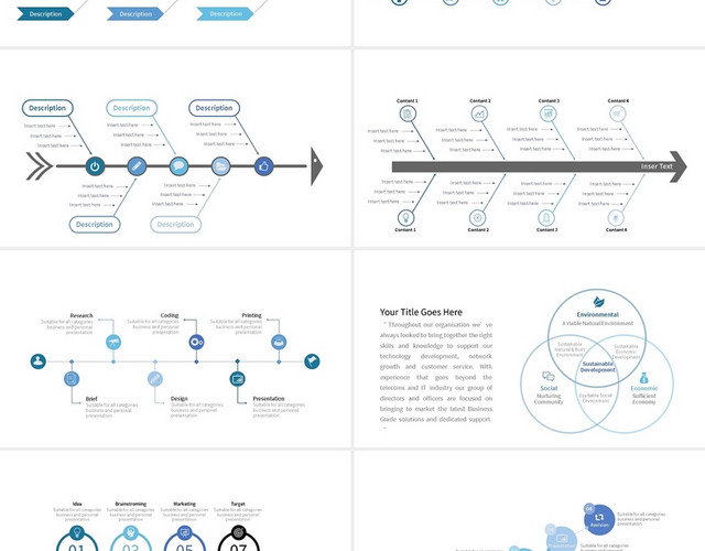 蓝色简约鱼骨图PPT图表PPT模板