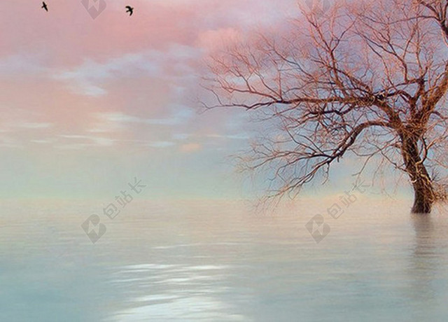 唯美水墨桃花夕阳红海报背景