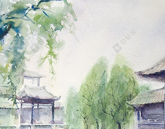中国风手绘水彩江南H5背景