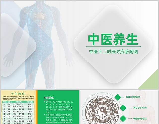 绿色简约风中医养生中医十二时辰对应脏腑图PPT模板
