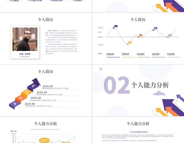 紫黄色卡通风多图表销售经理竞聘PPT模板