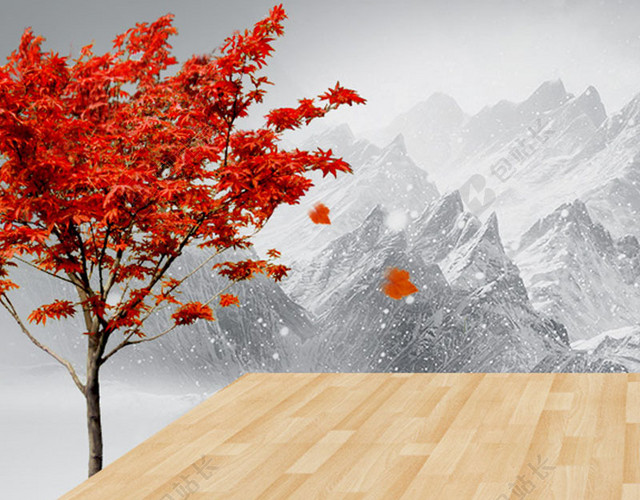 唯美雪山枫树背景图