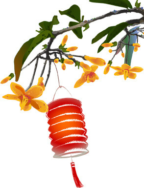 手绘枝头上的灯笼中秋节素材