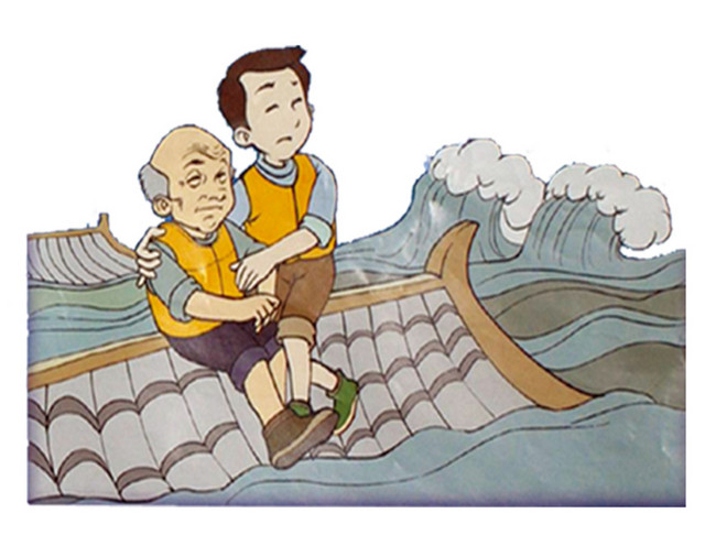 卡通洪水屋顶台风等待救援素材