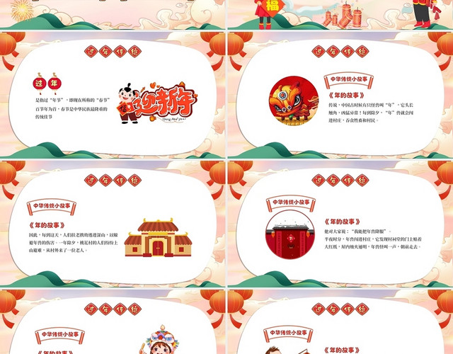 儿童卡通传统节日过新年幼儿园过年新年介绍新年习俗PPT模板