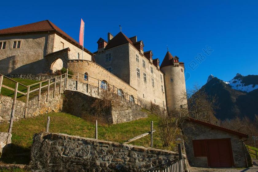 瑞士 城堡 风景 欧美 蓝天 天空