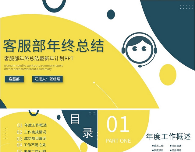 黄色简约商务客服部年终总结PPT模板