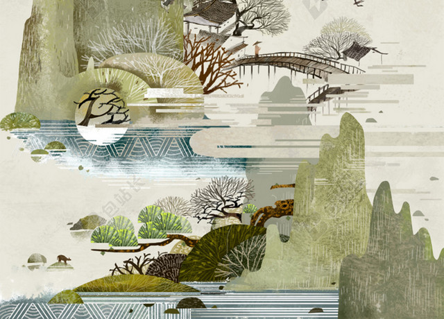 春分山水墨画背景素材