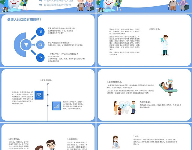 蓝色卡通插画老年人牙齿健康PPT课件PPT模板