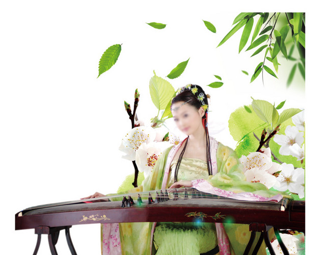 中国风古筝美女竹叶漂浮树叶桃花