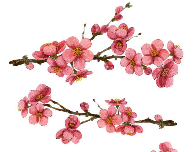 手绘水彩粉嫩桃花枝装饰图案