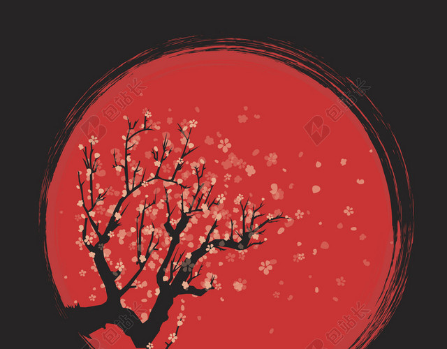 卡通手绘水墨日式梅花唯美背景素材