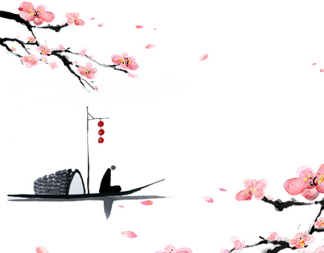水墨粉色桃花钓鱼者