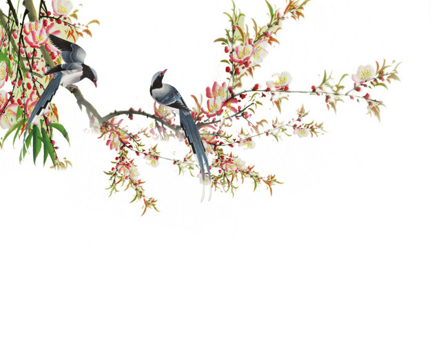 桃花枝叶鸟