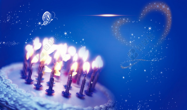 生日蛋糕气球蜡烛蓝色科技背景