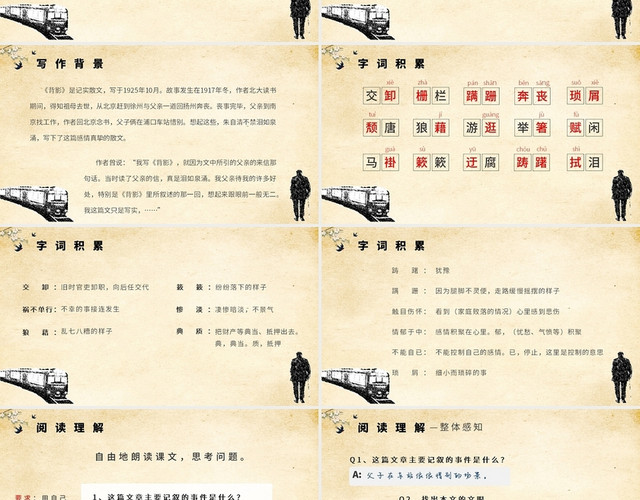 黄色素描复古风格八年级语文上册背影说课稿课件PPT语文上册说课稿