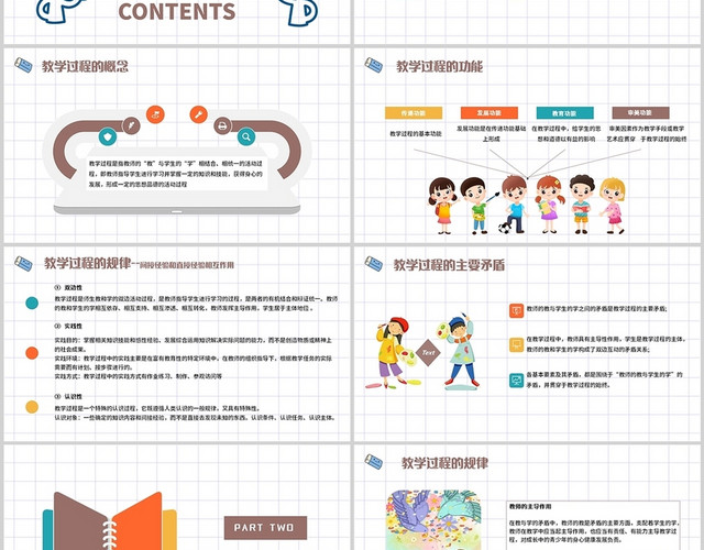 蓝色网格简约清晰卡通美术教学过程教学课件PPT模板