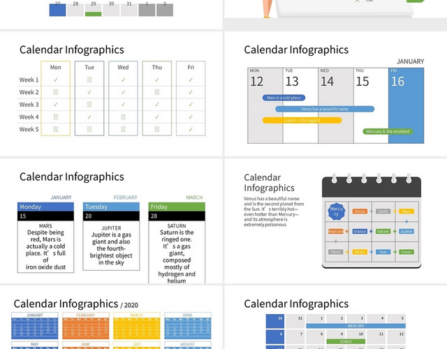 40页彩色简约日历图表可视化图表集PPT模板