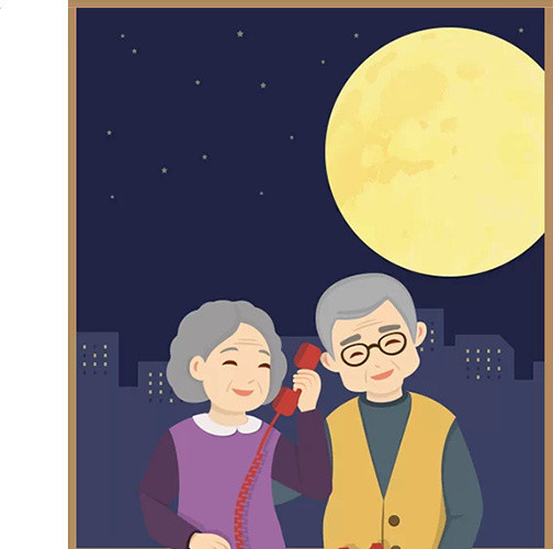 重阳节卡通手绘清新城市老年夫妇在月亮夜晚给儿女打电话