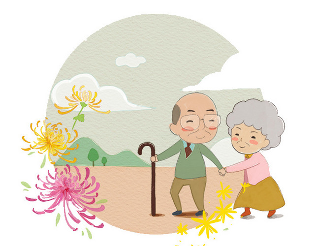 重阳节卡通手绘清新可爱老年夫妇搀扶着在花海行走