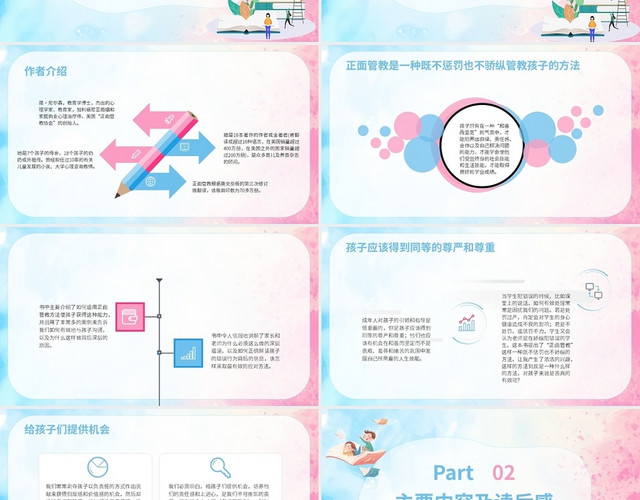 蓝色粉色水彩简约风读书分享正面管教PPT模板