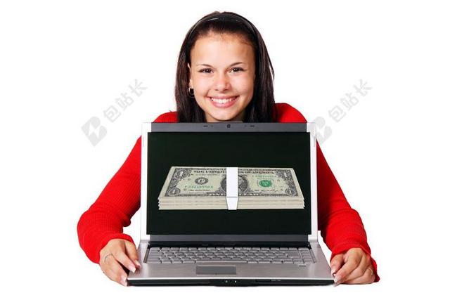 商务女人和电脑和现金背景图片