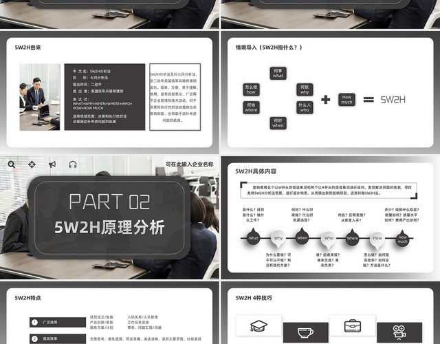 黑白灰简约商务企业5W2H分析法企业管理科学PPT模板
