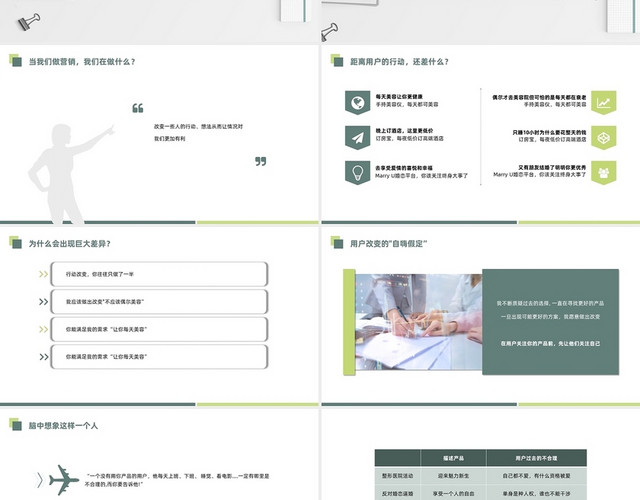 绿色黄色双色小清新简约商务办公基本款痛点文案PPT模板