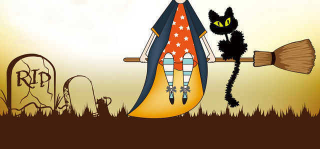 万圣节鬼节扫帚猫背景BANNER
