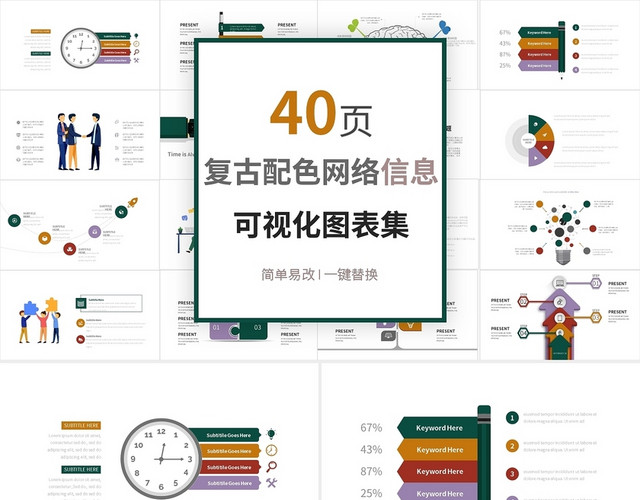 复古配色网络信息可视化图表集PPT模板