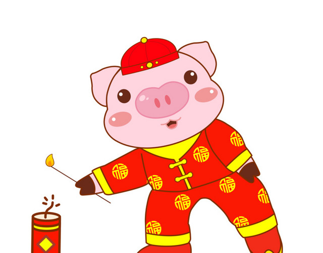 2019手绘卡通放鞭炮猪年形象