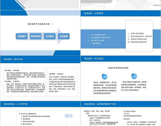 蓝色商务简洁保险公司酒会邀约话术及注意事项PPT模板