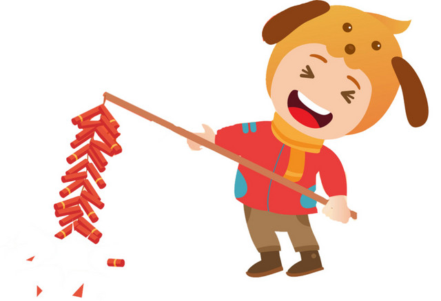 新年卡通熊孩子玩鞭炮