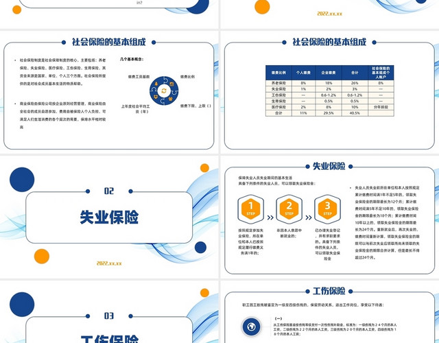 蓝黄商务简约大气流动社会保险与商业保险PPT模板