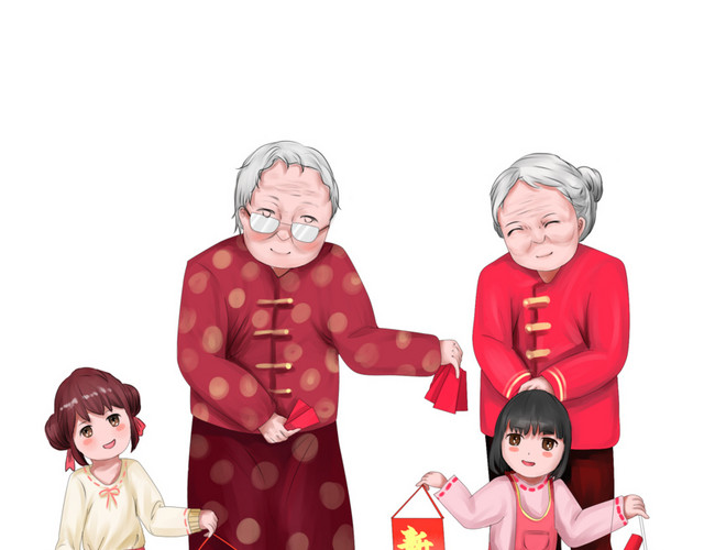 手绘卡通老奶奶带孙女玩耍