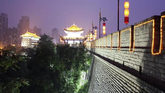 墙 中国 夜 灯 宝塔 城市 西安 西安城墙 街 摩天大楼