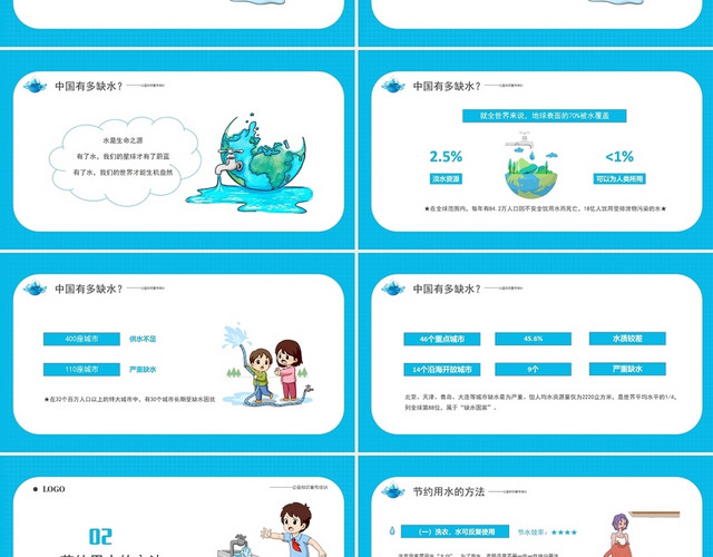 蓝色简约卡通节约用水人人有责公益主题班会PPT模板