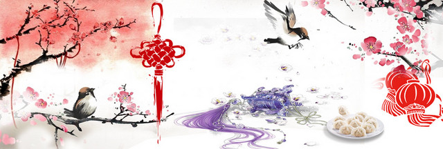 山水画中国结燕子喜鹊春天背景BANNER