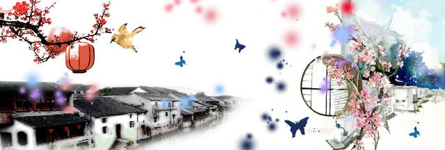 腊梅梅花水乡蓝色蝴蝶背景BANNER